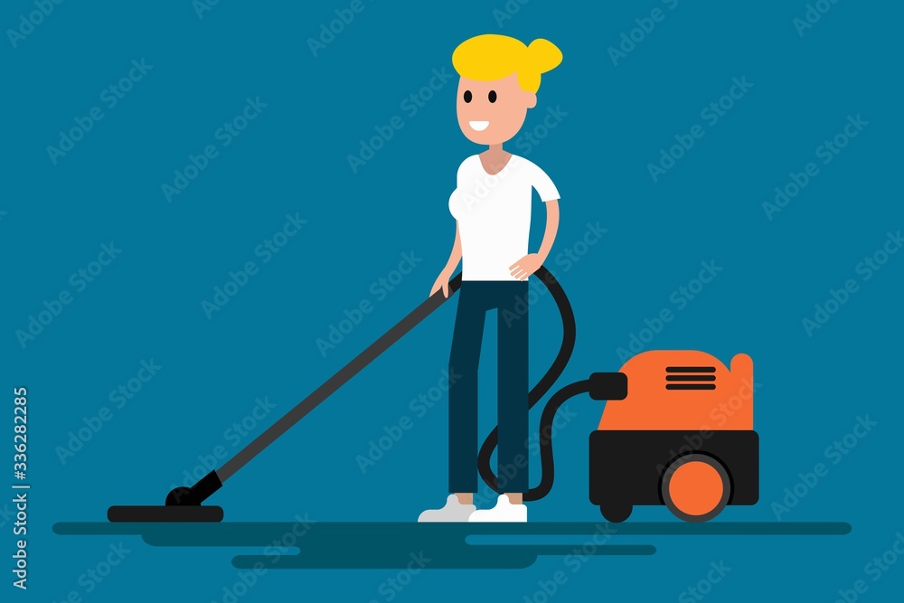 Cheerful housewife character with vacuum cleaner
