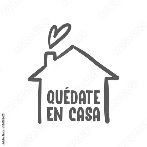 Stay at home message in spanish language, House doodle icon with text