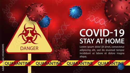 Banner design biohazard sign restriction tape with the covid-19 molecule on the city background