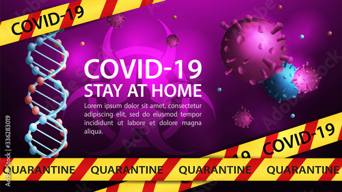 Banner design biohazard sign DNA restriction tape with THE covid-19 molecule on a dark pink background