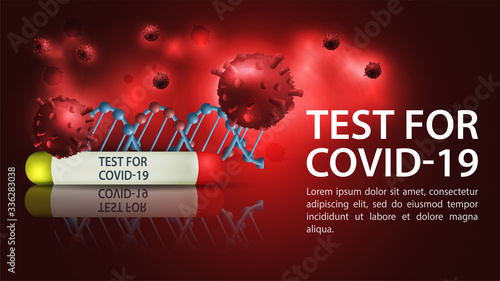 Banner design medical test for detecting DNA disease with the COVID-19 molecule on a dark red background