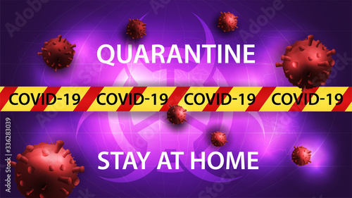 Banner design biohazard sign with the covid-19 coronavirus molecule restriction tape with warning text on a purple background