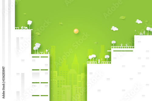 Human activities at roof garden on green cityscape background.Paper art of eco friendly city lifestyle.Vector illustration. 