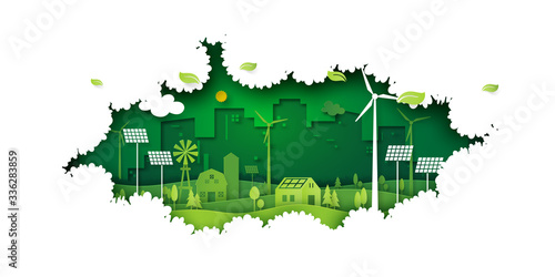 Ecology concept with green eco city on nature background.Environment conservation resource sustainable.Vector illustration.