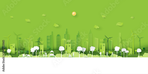 Human activities in the park with fresh air on green eco friendly city background.Ecology and Environment concept paper art style.Vector illustration.