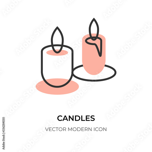 Candle flat line icon. Logo contour closeup two candles, wax fire sign. Simple shape border. Trendy relax, study, candlelight. Symbol christmas holiday, birthday, memorial Isolated vector illustration