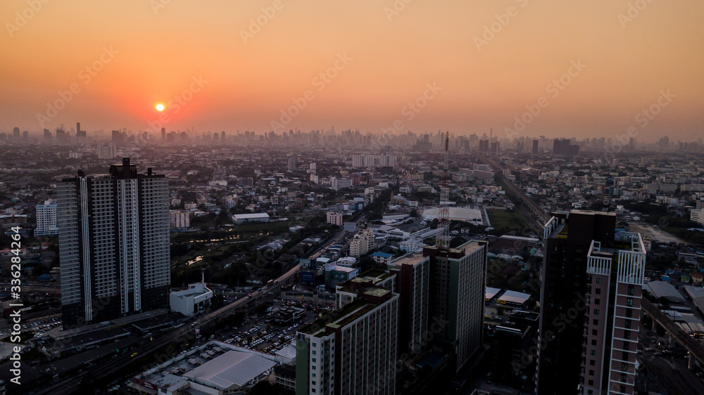 High angle view Aerial photograph of landscape city and sunset