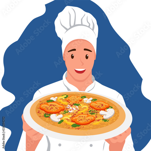 Smiling Chef holds Pizza