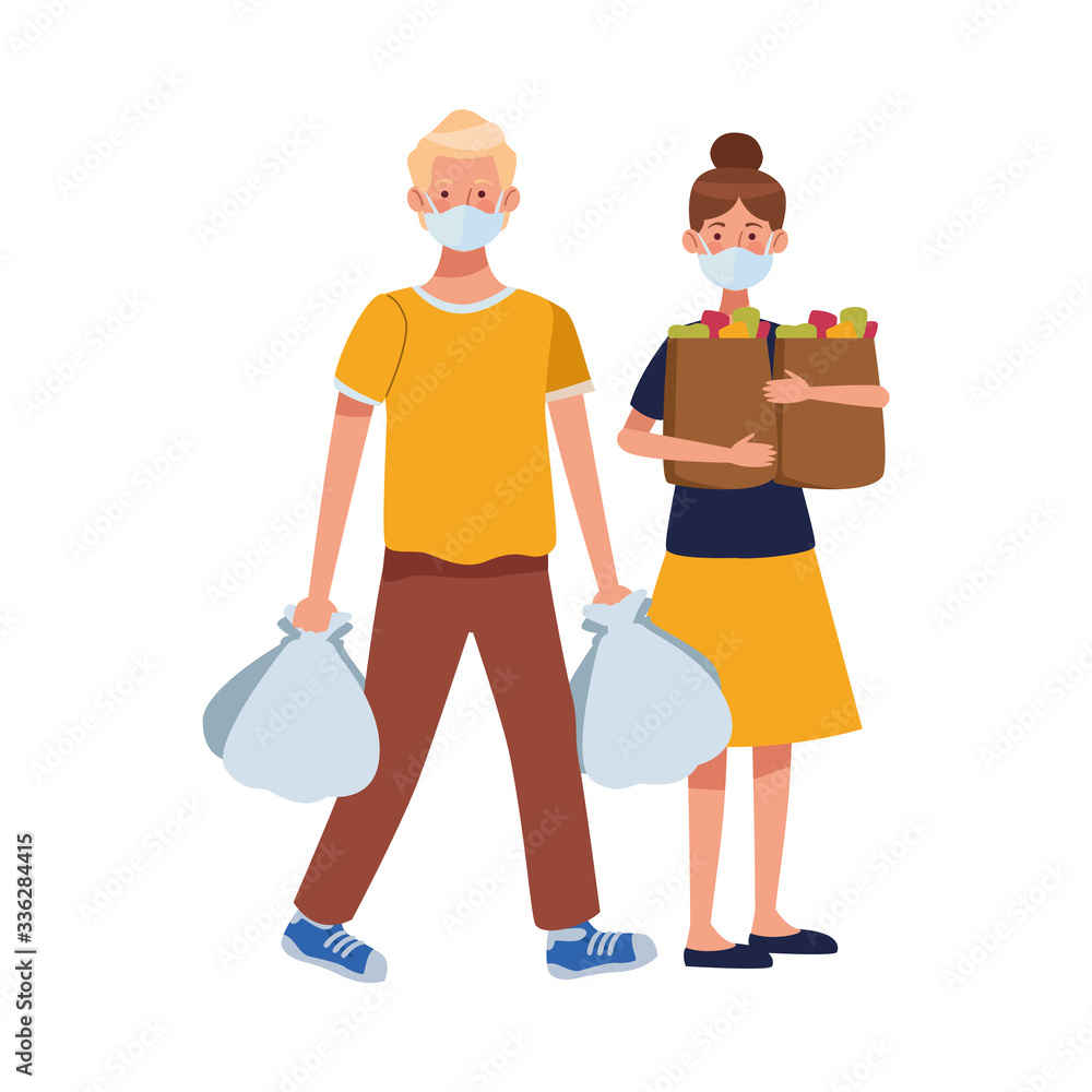 couple using face masks in supermarket couple using face masks in supermarket