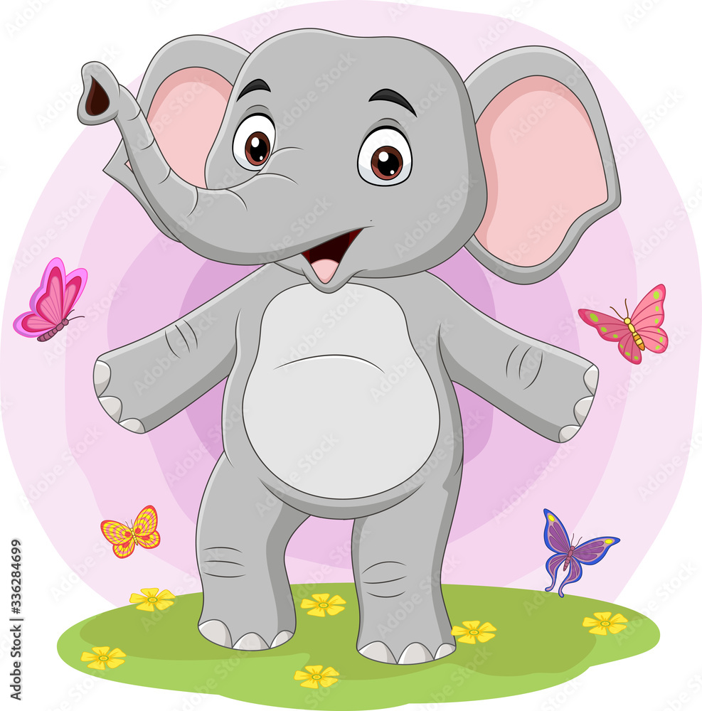 Cartoon happy elephant with butterflies in the grass Cartoon happy elephant with butterflies in the grass