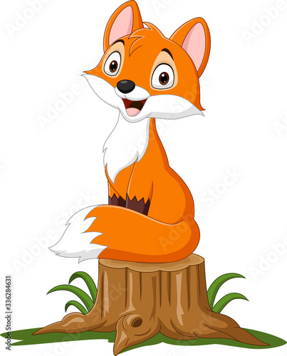 Cartoon happy fox sitting on tree stump