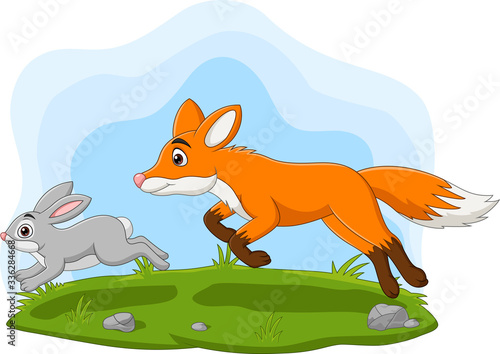 Cartoon rabbit chased by fox in the forest