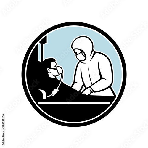 Illustration of a medical doctor, nurse or healthcare professional wearing mask or personal protective equipment treat an infectious and contagious patient set in circle done in retro style.