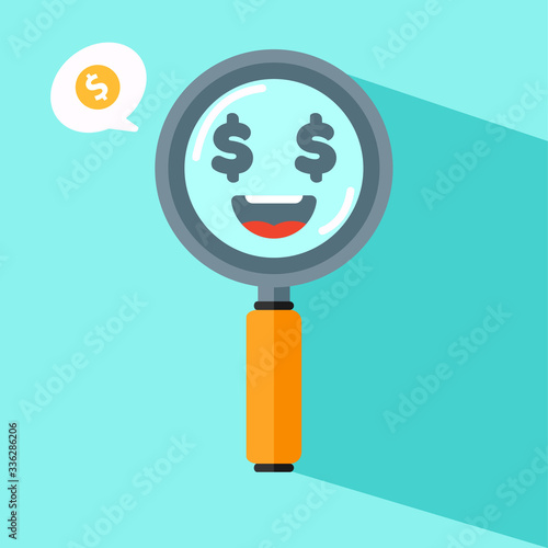 cute and kawaii magnifer character. Vector magnifying glass icon isolated on color  background. Analysis, exploration, zoom, scrutiny, audit, inspection, search concepts. Vector illustration. photo