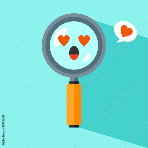 cute and kawaii magnifer character.  Vector magnifying glass icon isolated on color  background. Analysis, exploration, zoom, scrutiny, audit, inspection, search concepts. Vector illustration. photo