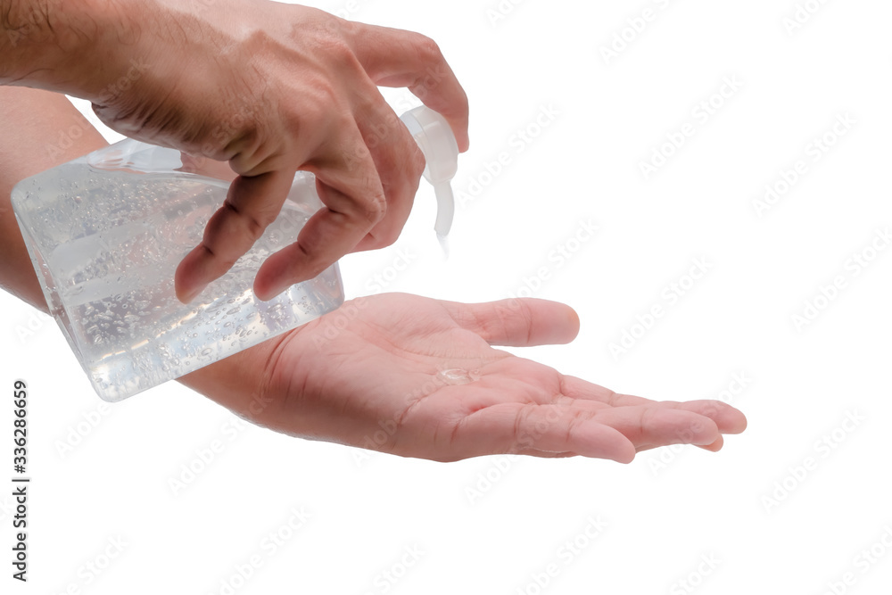 hand-holding a hand sanitizer pump bottle and push Alcohol gel to wash their hand hand-holding a hand sanitizer pump bottle and push Alcohol gel to wash their hand