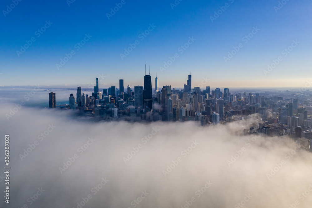 Chicago Under a Layer of Clouds - Aerial View