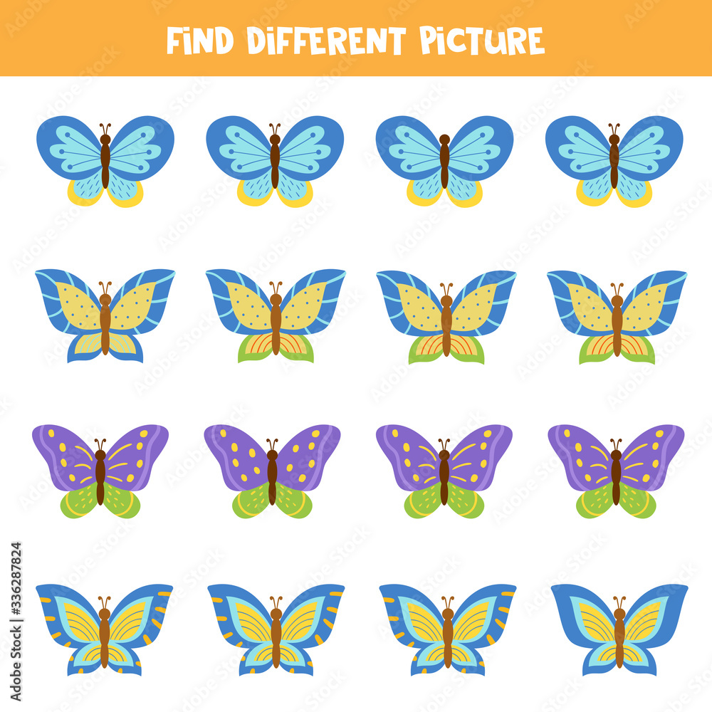 Find butterfly which differs from others. Logical game for kids. Find butterfly which differs from others. Logical game for kids.