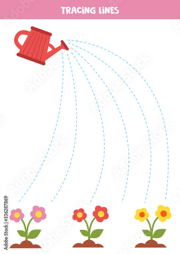 Trace the lines between watering can and flowers.
