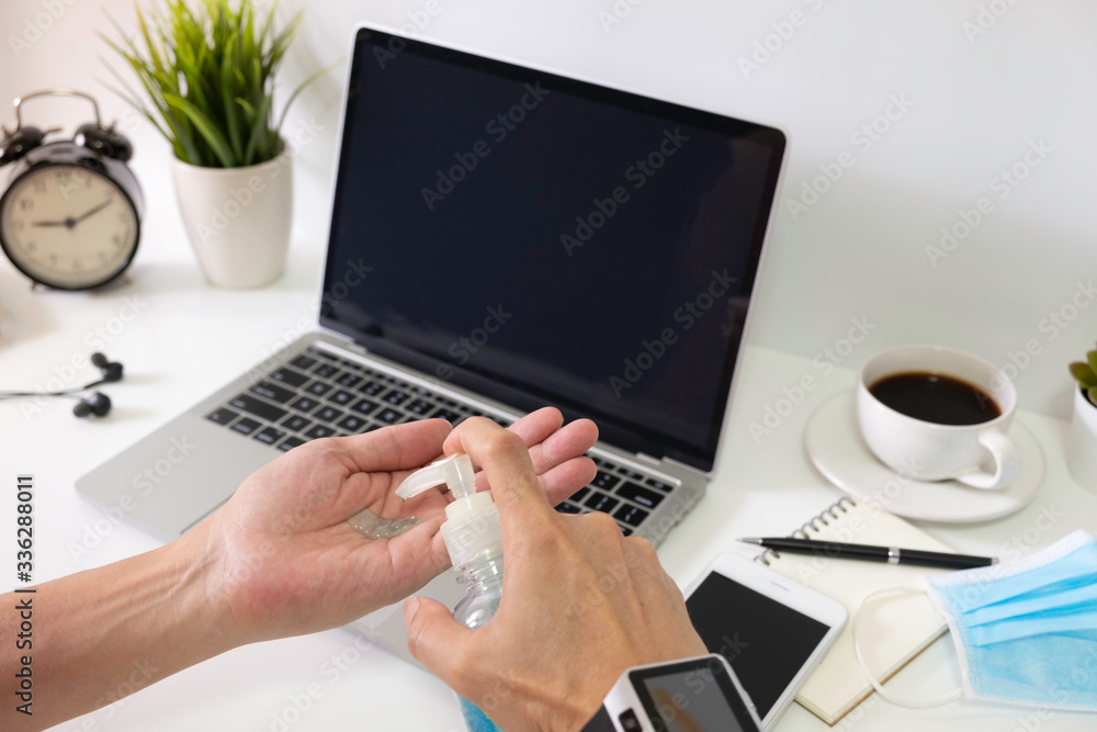 Stop the spread of coronavirus, work from home concepts, for keep workflow of business, health hand sanitizer protection covid-19 Stop the spread of coronavirus, work from home concepts, for keep workflow of business, health hand sanitizer protection covid-19