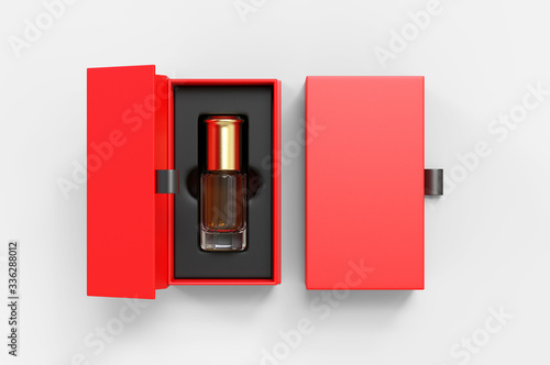 Blank oud bottle with hard paper box for branding. 3d render illustration. photo