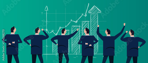 Chart going up arrow sign of rise profit good growth in market stock business economy sales and market. Group of businessman coworker employee in company corporation standing looking.