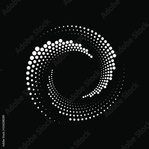 White curvy halftone dotted stripes in spiral form. Geometric art. Trendy design element for logo, tattoo, sign, symbol, web pages, prints, posters, template, pattern and abstract background
