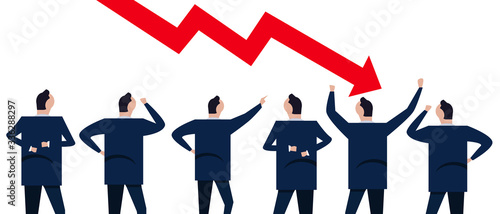 Chart down arrow sign of crisis decline drop loss in market stock business and economy. Group of businessman coworker employee in company corporation standing looking.