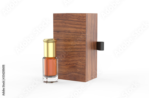 Blank oud bottle with hard paper box for branding. 3d render illustration. photo