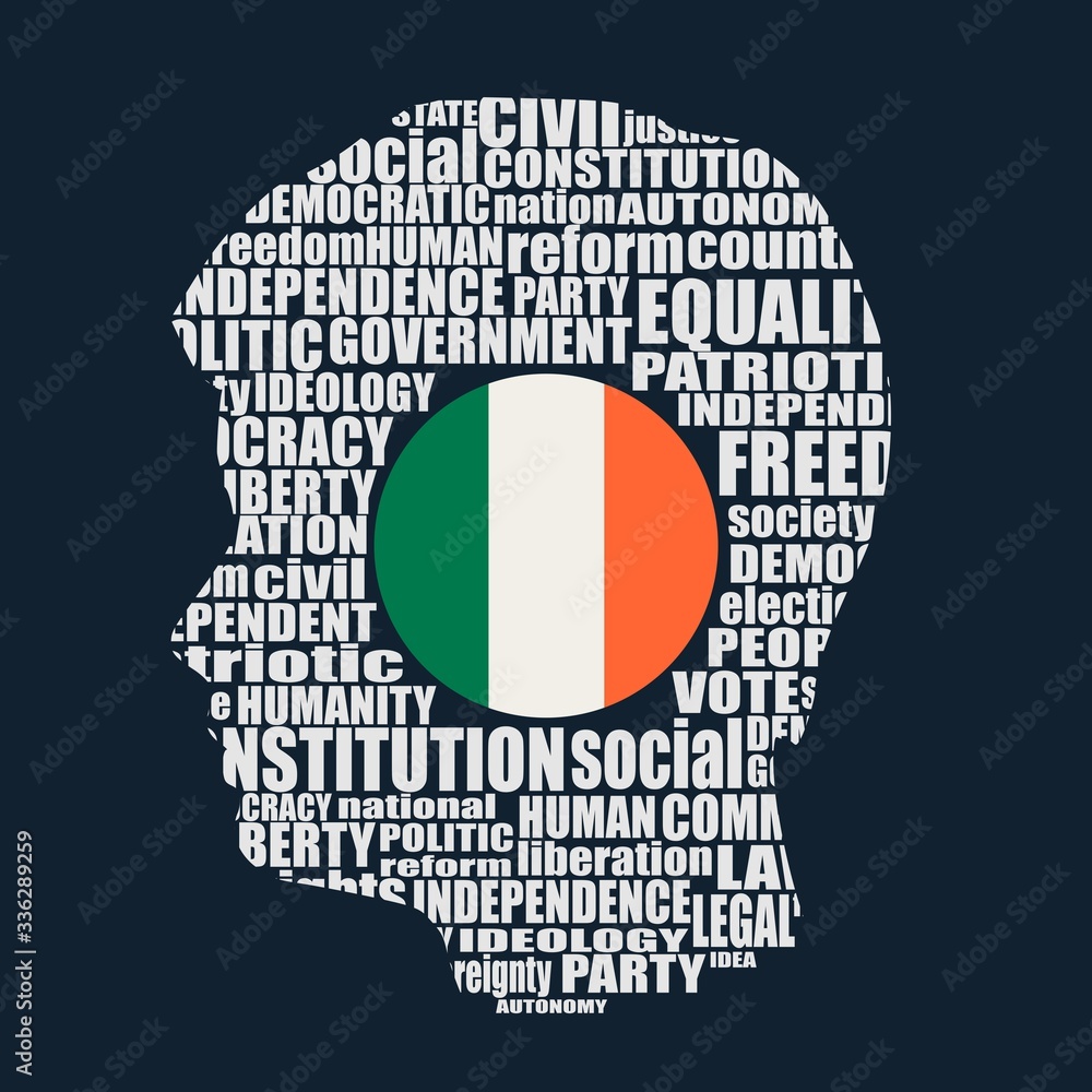 Head of man filled by word cloud. Words related to politics, government, parliamentary democracy and political life. Flag of the Ireland Head of man filled by word cloud. Words related to politics, government, parliamentary democracy and political life. Flag of the Ireland