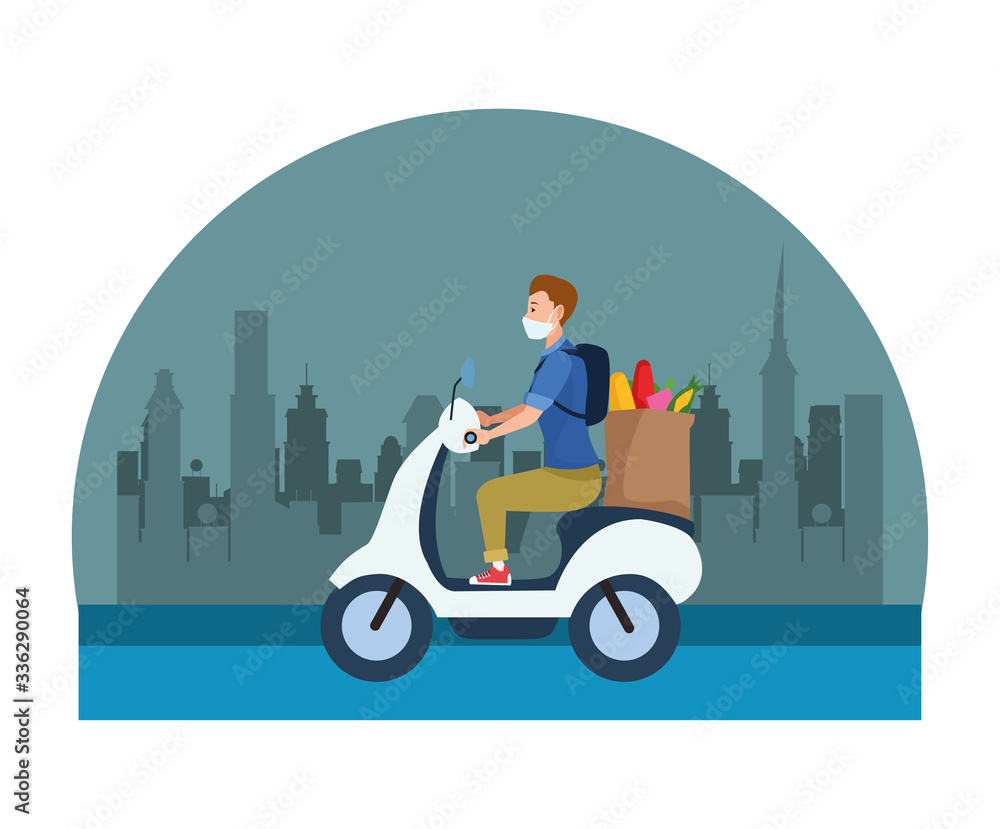 man in motorcycle using face mask transport groceries man in motorcycle using face mask transport groceries