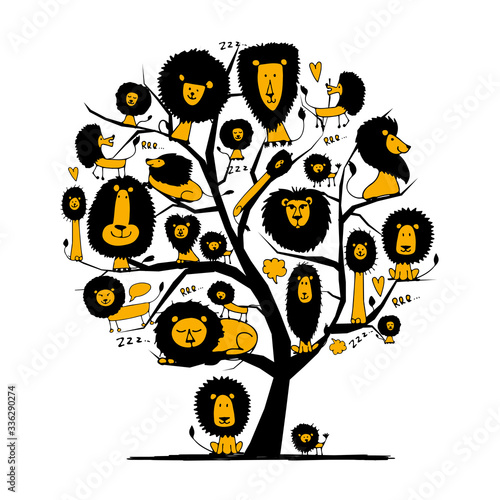 Funny lions on tree, sketch for your design