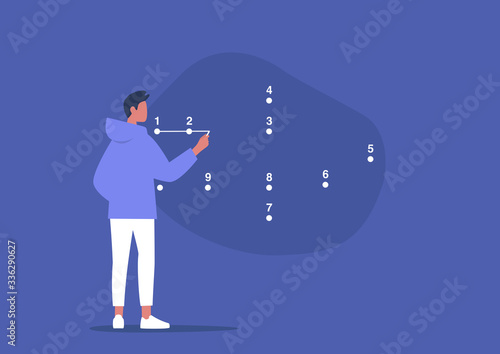 Young male character connecting the dots, step by step strategic plan, problem solving