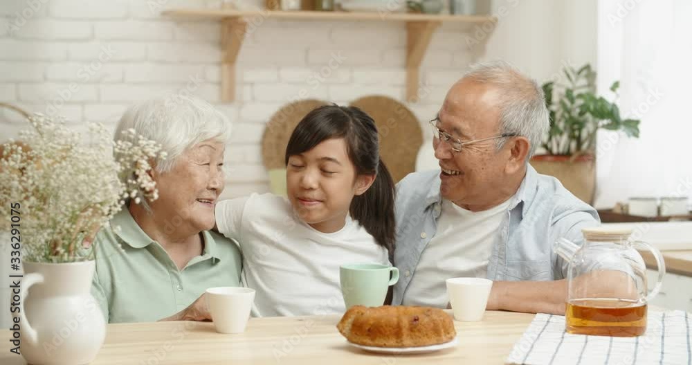 Asian senior couple kindly embracing their teen granddaughter at kitchen table, enjoying their togetherness - family ties, relationship, love concept 4k footage Asian senior couple kindly embracing their teen granddaughter at kitchen table, enjoying their togetherness - family ties, relationship, love concept 4k footage