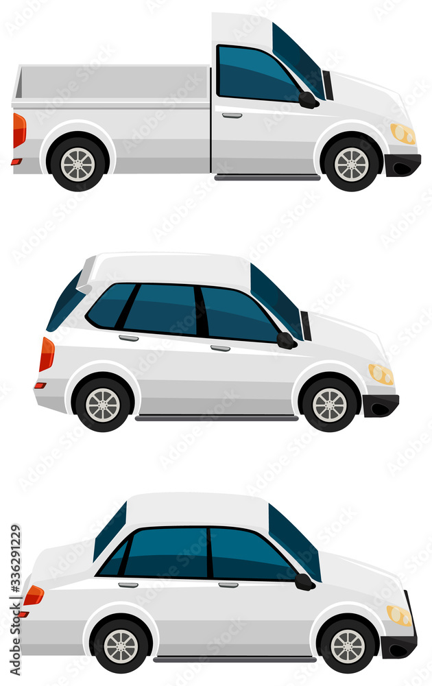 Set of different types of cars in white color