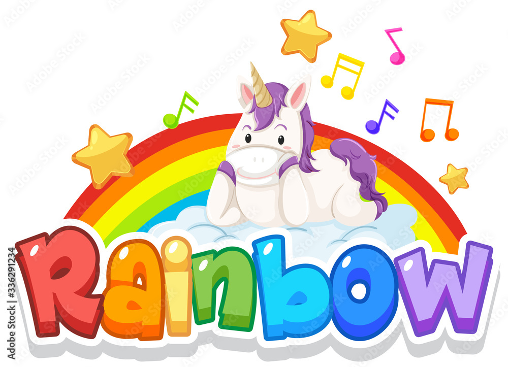 Font design for word rainbow with rainbow in the sky background Font design for word rainbow with rainbow in the sky background