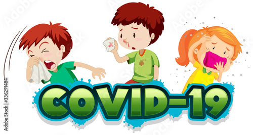 Covid 19 sign template with three kids being sick