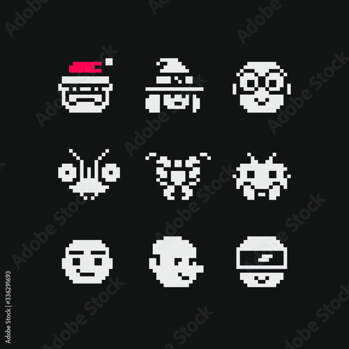 1bit Abstract characters, avatar faces, pixel art people and animals head set design, vector graphic minimalistic style  illustration. Embroidery design. Design for game, sticker, app, web and logo.  © thepolovinkin