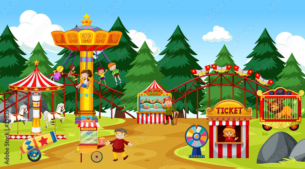 Themepark scene with many rides and many people Themepark scene with many rides and many people