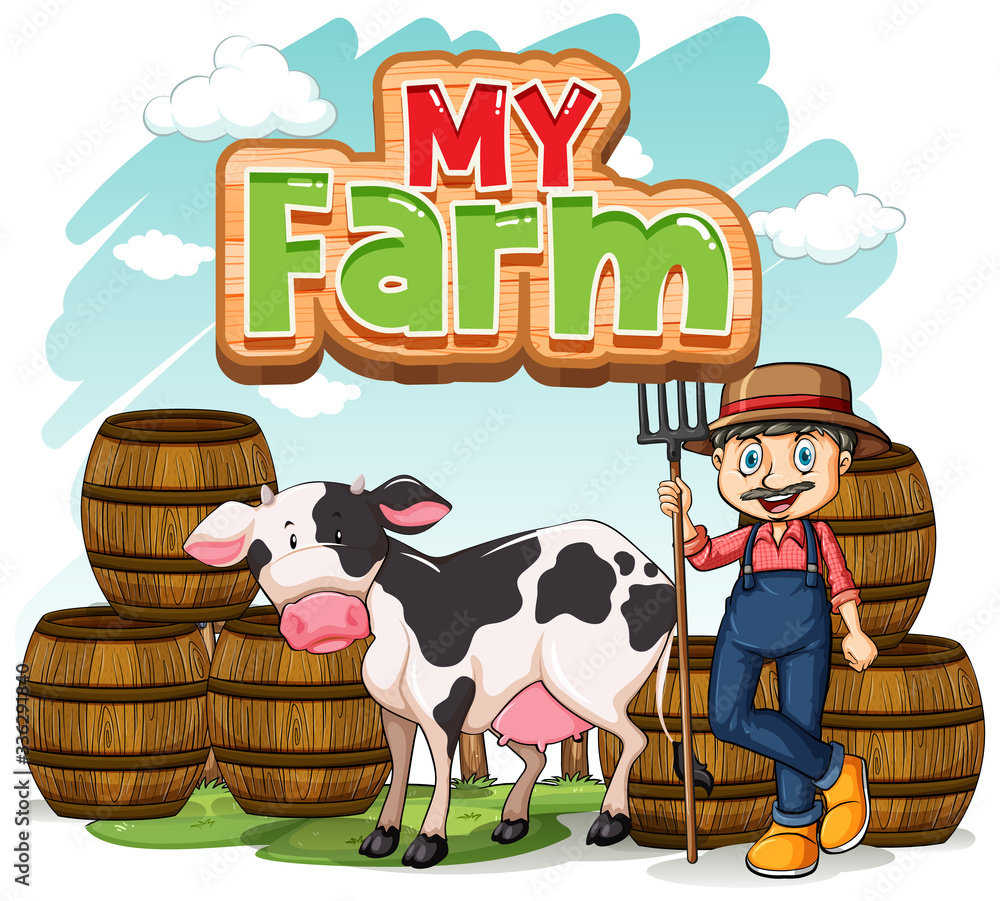 Fototapeta premium Font design for word my farm with farmer and cow