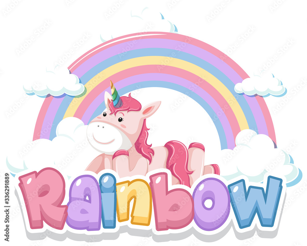 Font design for word rainbow with rainbow in the sky background Font design for word rainbow with rainbow in the sky background