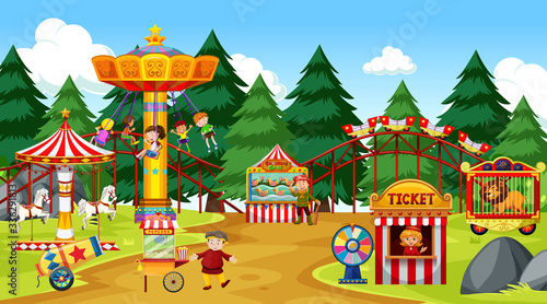 Themepark scene with many rides and many people