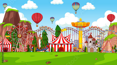 Themepark scene with many rides in the field