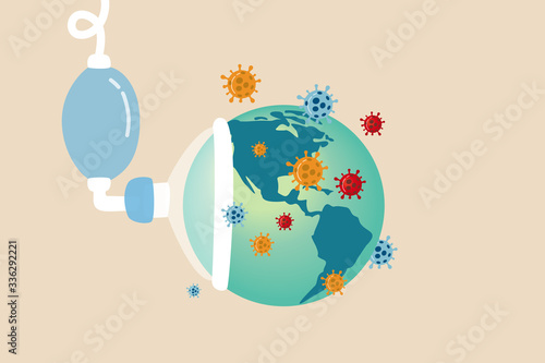 COVID-19 novel Coronavirus pandemic disease, world spreading outbreak in critical concept, planet earth or world globe with map of Americas United States using resuscitator, COVID-19 virus pathogens.