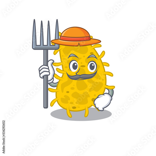 Cartoon character design of bacteria spirilla as a Farmer with hat and pitchfork