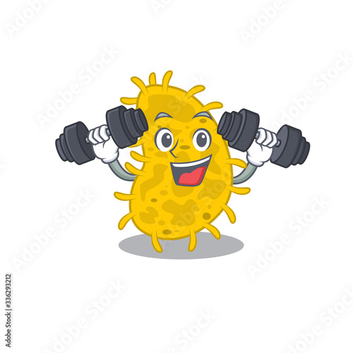 Mascot design of smiling Fitness exercise bacteria spirilla lift up barbells