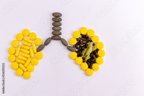 Cloves, cardamom and yellow tablets making a pair of lung shape. Decongestant drugs concept photo