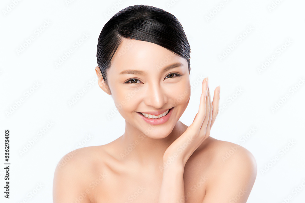 Beautiful Young Asian Woman with Clean Fresh Skin. Face care, Facial treatment, Cosmetology, beauty and healthy skin and cosmetic concept, woman beauty skin isolated on white background Beautiful Young Asian Woman with Clean Fresh Skin. Face care, Facial treatment, Cosmetology, beauty and healthy skin and cosmetic concept, woman beauty skin isolated on white background