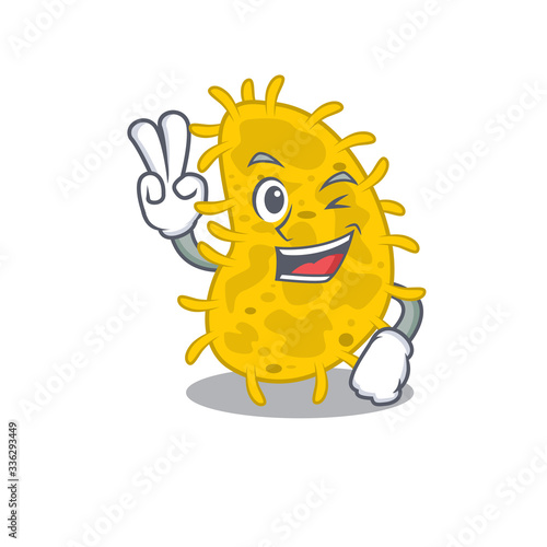 Happy bacteria spirilla cartoon design concept with two fingers