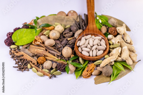 Front view closeup shot of herbal tablets in a wooden spoon with scattered whole spices and herbs in the background